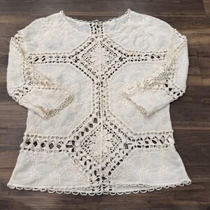 Griffin Paris Blouse Womens S/M Beige Crochet Festival Floral Tunic Boho